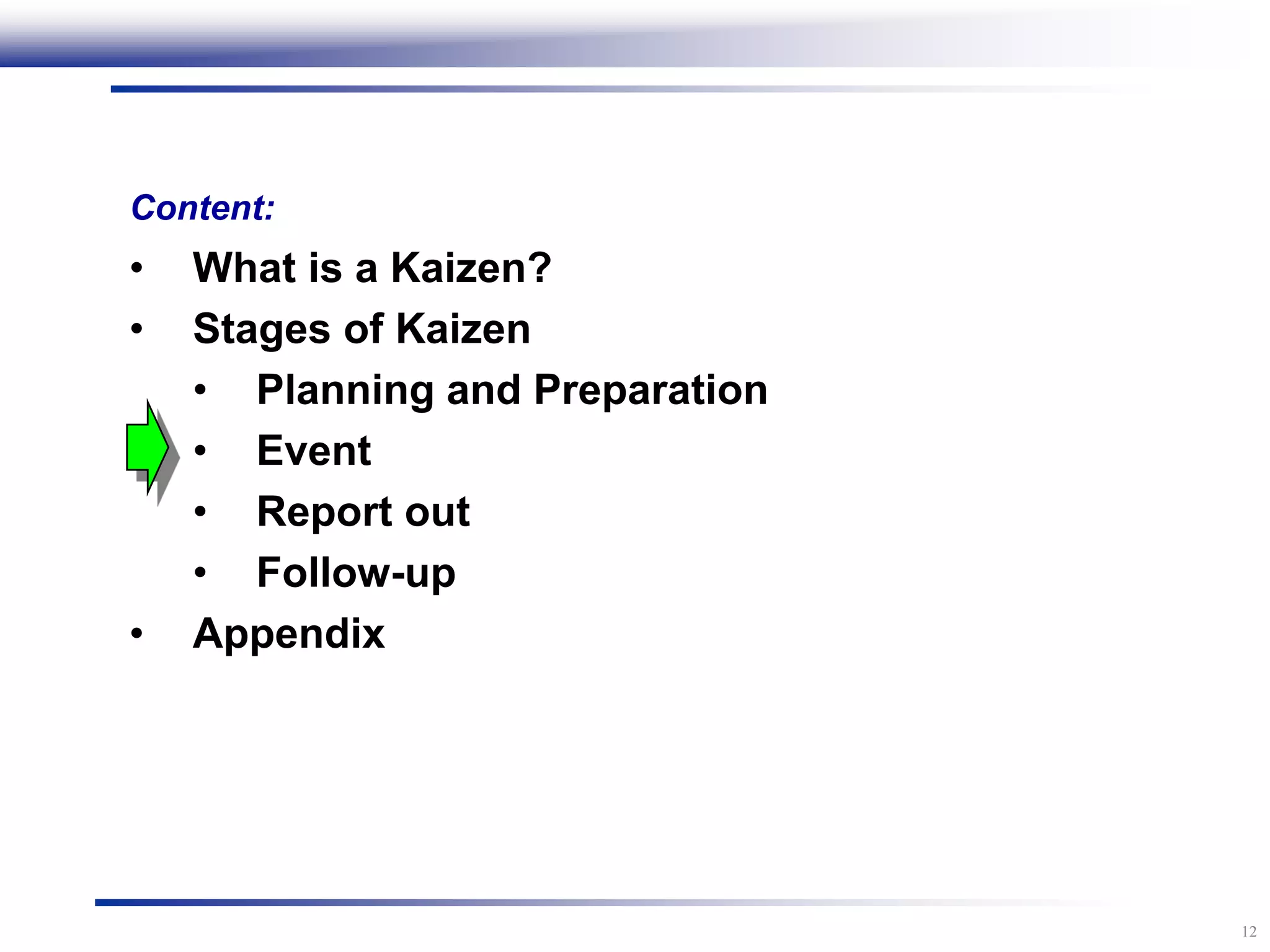 12
Content:
• What is a Kaizen?
• Stages of Kaizen
• Planning and Preparation
• Event
• Report out
• Follow-up
• Appendix
 
