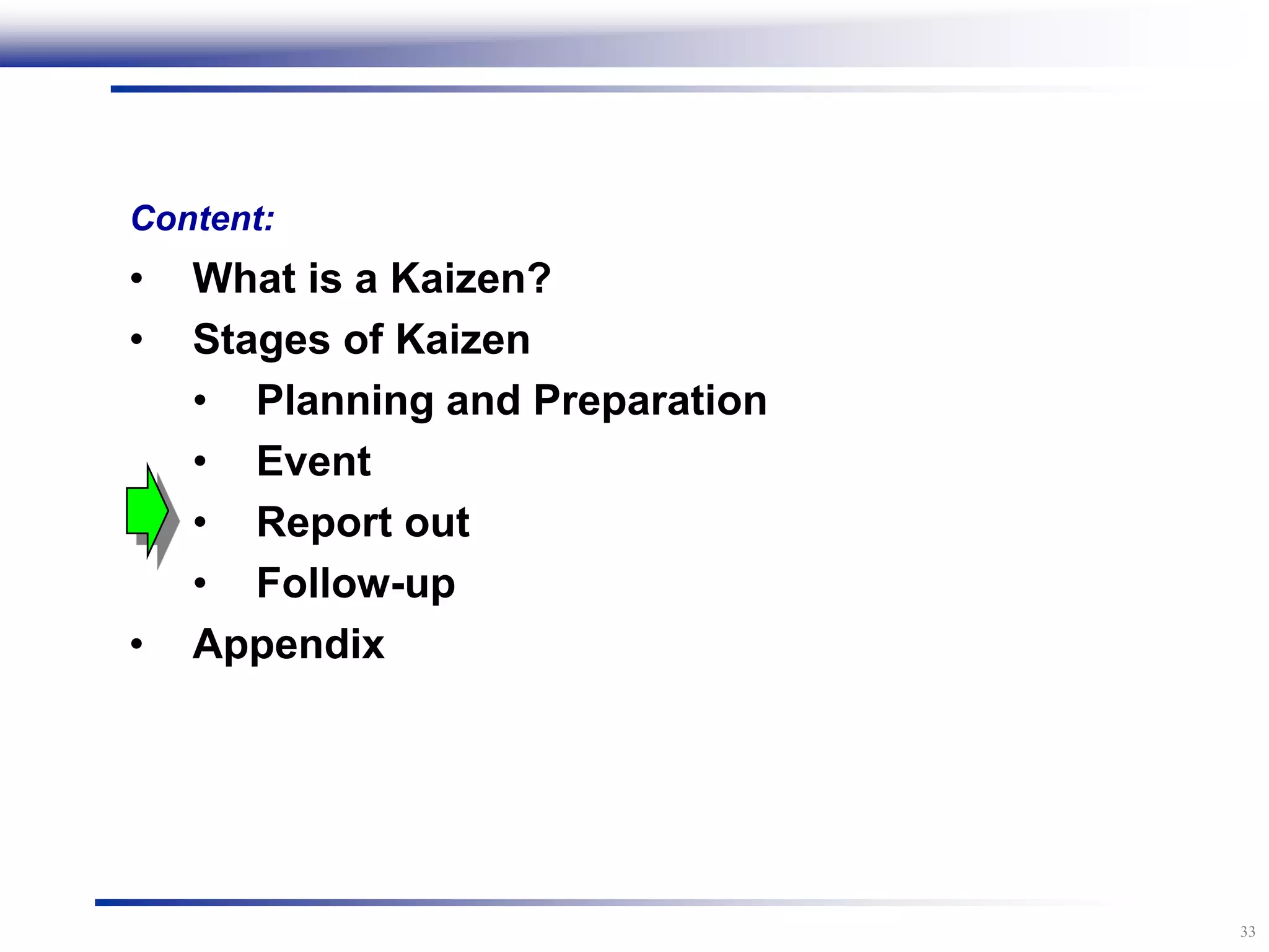 33
Content:
• What is a Kaizen?
• Stages of Kaizen
• Planning and Preparation
• Event
• Report out
• Follow-up
• Appendix
 