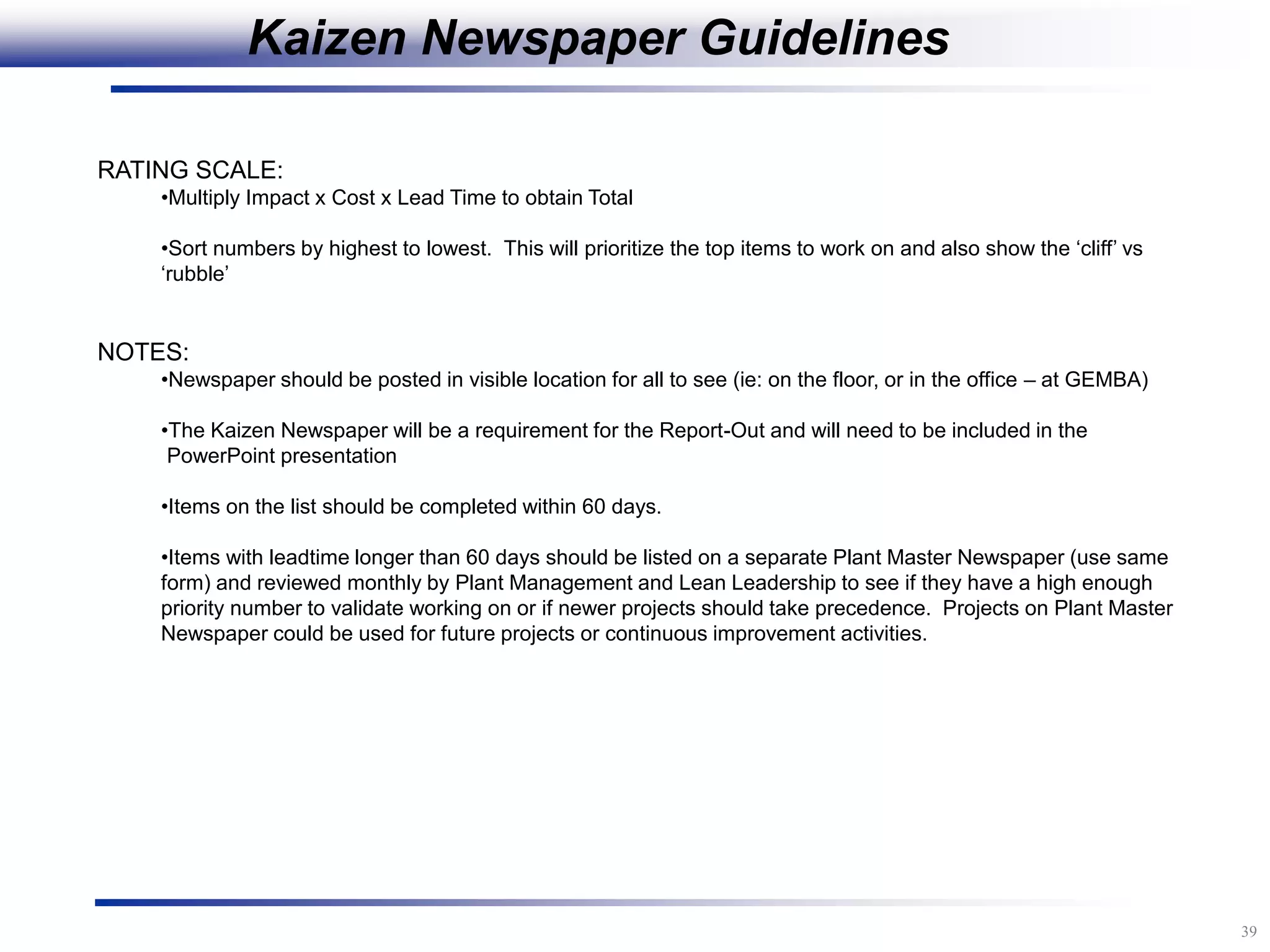 39
RATING SCALE:
•Multiply Impact x Cost x Lead Time to obtain Total
•Sort numbers by highest to lowest. This will prioritize the top items to work on and also show the „cliff‟ vs
„rubble‟
NOTES:
•Newspaper should be posted in visible location for all to see (ie: on the floor, or in the office – at GEMBA)
•The Kaizen Newspaper will be a requirement for the Report-Out and will need to be included in the
PowerPoint presentation
•Items on the list should be completed within 60 days.
•Items with leadtime longer than 60 days should be listed on a separate Plant Master Newspaper (use same
form) and reviewed monthly by Plant Management and Lean Leadership to see if they have a high enough
priority number to validate working on or if newer projects should take precedence. Projects on Plant Master
Newspaper could be used for future projects or continuous improvement activities.
Kaizen Newspaper Guidelines
 