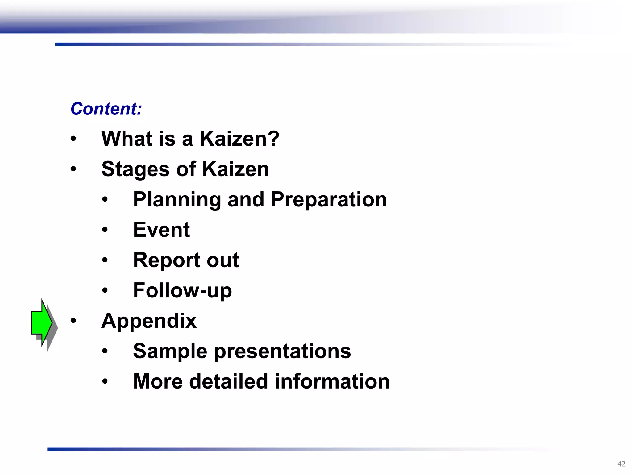 42
Content:
• What is a Kaizen?
• Stages of Kaizen
• Planning and Preparation
• Event
• Report out
• Follow-up
• Appendix
• Sample presentations
• More detailed information
 