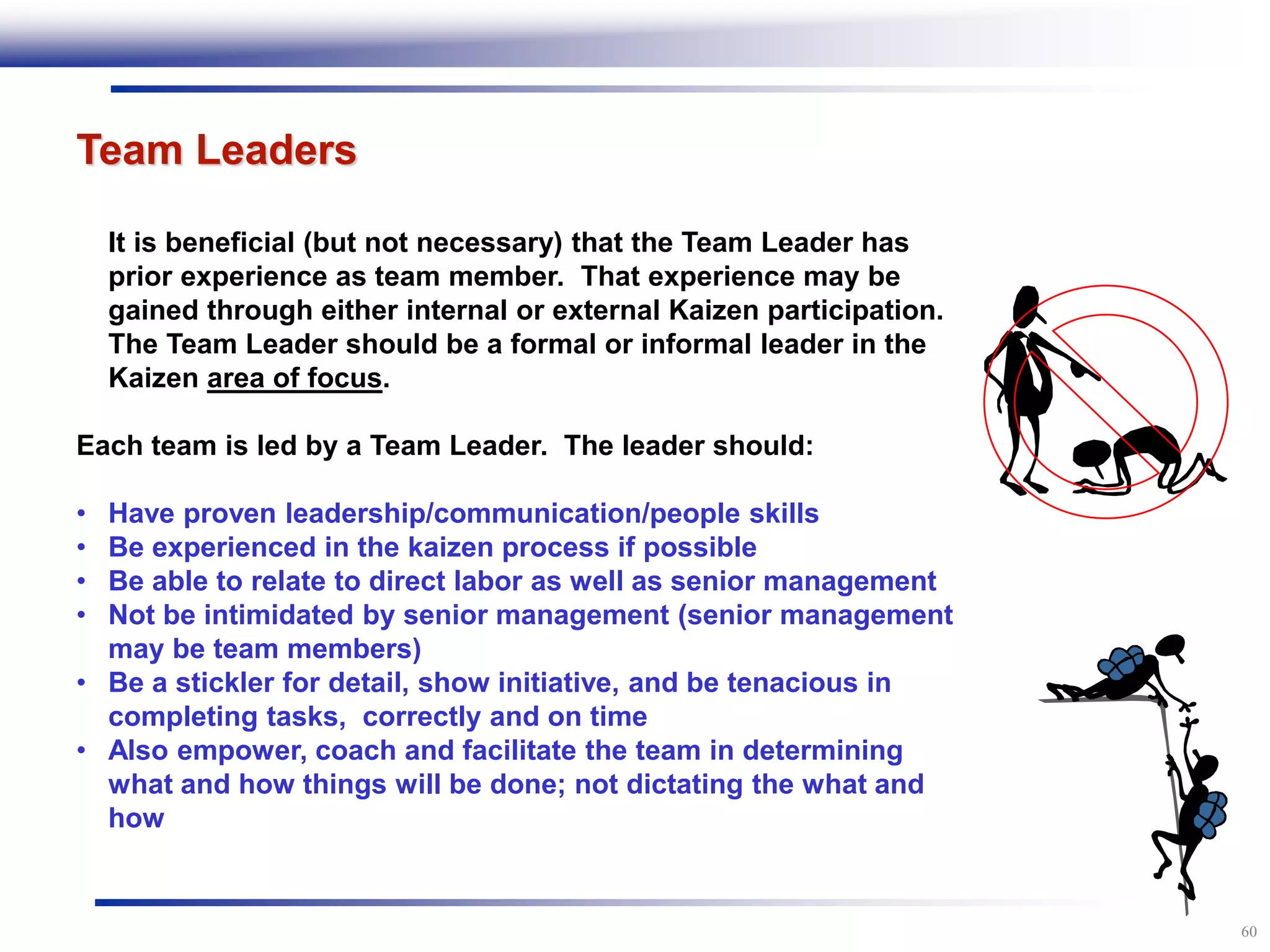 60
Team Leaders
It is beneficial (but not necessary) that the Team Leader has
prior experience as team member. That experience may be
gained through either internal or external Kaizen participation.
The Team Leader should be a formal or informal leader in the
Kaizen area of focus.
Each team is led by a Team Leader. The leader should:
• Have proven leadership/communication/people skills
• Be experienced in the kaizen process if possible
• Be able to relate to direct labor as well as senior management
• Not be intimidated by senior management (senior management
may be team members)
• Be a stickler for detail, show initiative, and be tenacious in
completing tasks, correctly and on time
• Also empower, coach and facilitate the team in determining
what and how things will be done; not dictating the what and
how
 