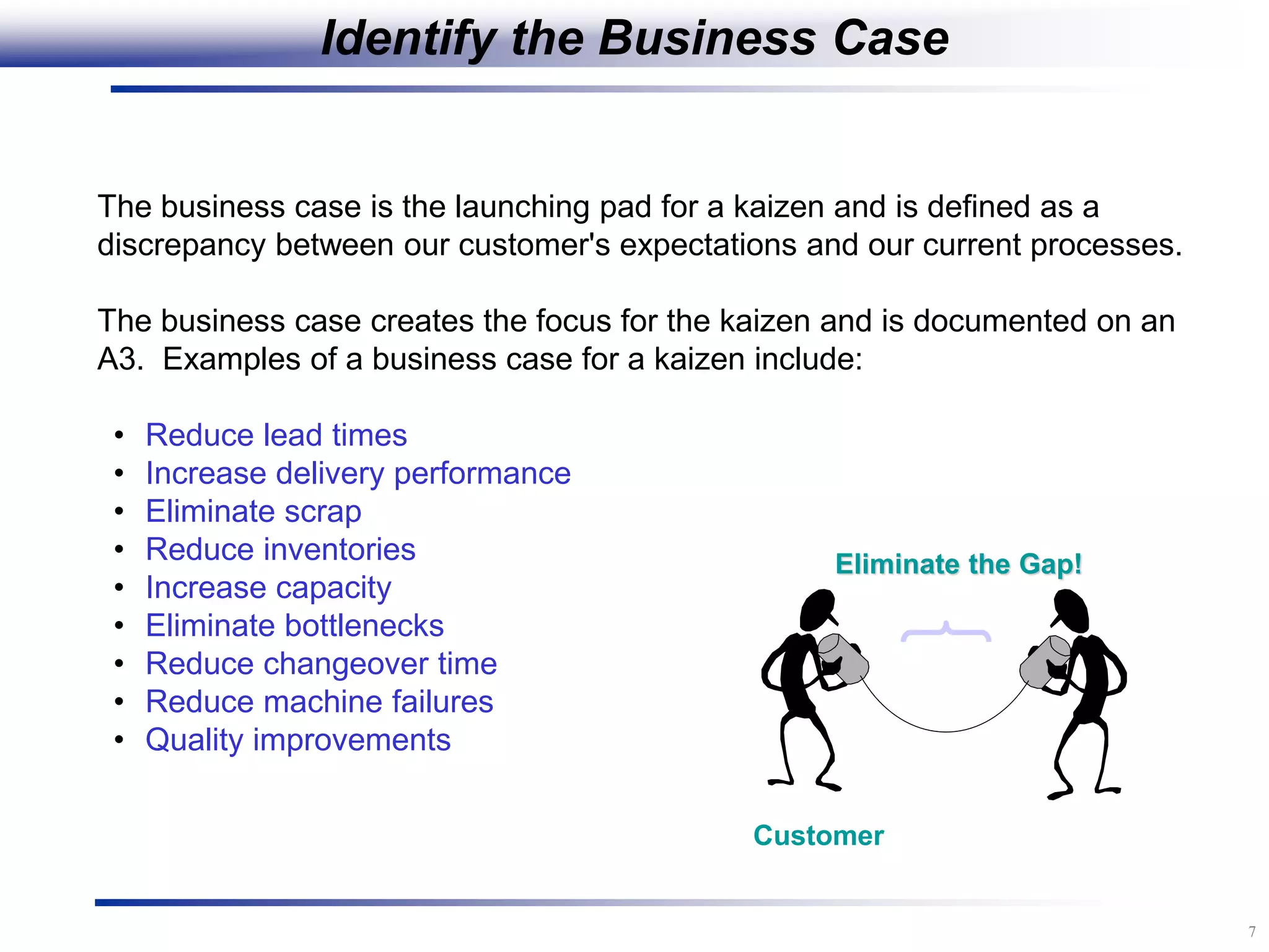 7
The business case is the launching pad for a kaizen and is defined as a
discrepancy between our customer's expectations and our current processes.
The business case creates the focus for the kaizen and is documented on an
A3. Examples of a business case for a kaizen include:
• Reduce lead times
• Increase delivery performance
• Eliminate scrap
• Reduce inventories
• Increase capacity
• Eliminate bottlenecks
• Reduce changeover time
• Reduce machine failures
• Quality improvements
Customer
Eliminate the Gap!
Identify the Business Case
 
