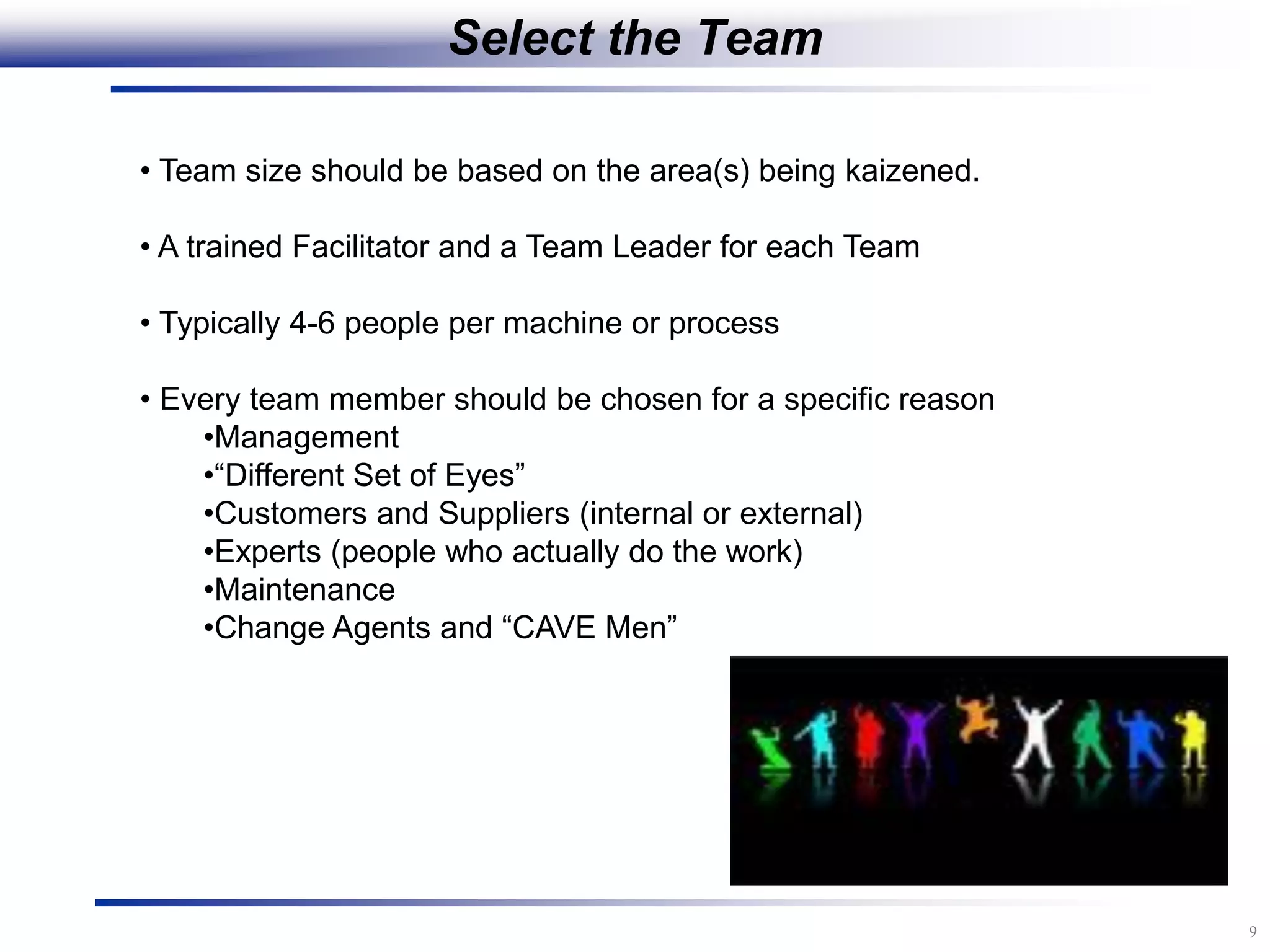 9
Select the Team
• Team size should be based on the area(s) being kaizened.
• A trained Facilitator and a Team Leader for each Team
• Typically 4-6 people per machine or process
• Every team member should be chosen for a specific reason
•Management
•“Different Set of Eyes”
•Customers and Suppliers (internal or external)
•Experts (people who actually do the work)
•Maintenance
•Change Agents and “CAVE Men”
 