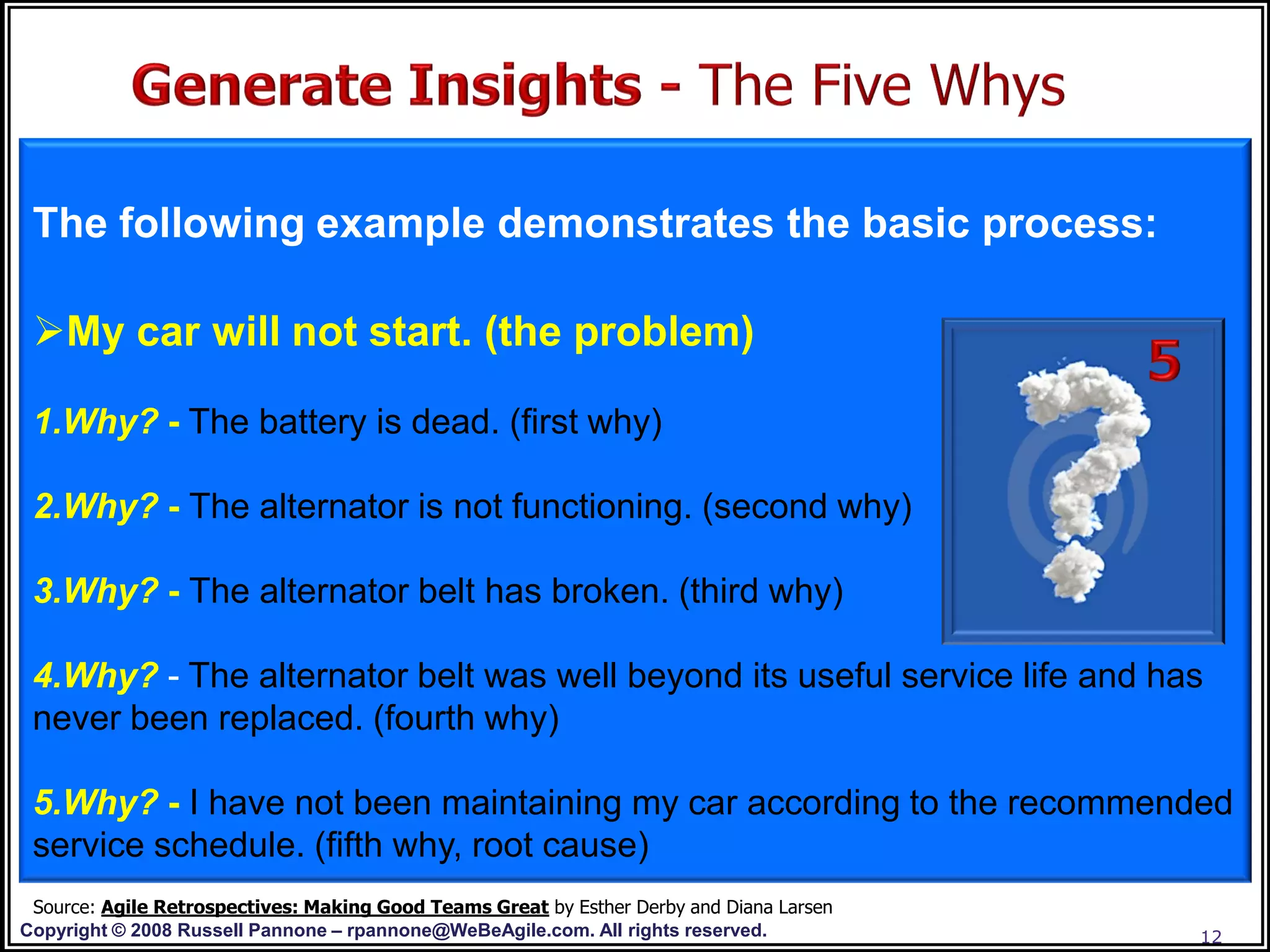 The following example demonstrates the basic process:

 My car will not start. (the problem)

 1.Why? - The battery is dead. (first why)

 2.Why? - The alternator is not functioning. (second why)

 3.Why? - The alternator belt has broken. (third why)

 4.Why? - The alternator belt was well beyond its useful service life and has
 never been replaced. (fourth why)

 5.Why? - I have not been maintaining my car according to the recommended
 service schedule. (fifth why, root cause)
 Source: Agile Retrospectives: Making Good Teams Great by Esther Derby and Diana Larsen
Copyright © 2008 Russell Pannone – rpannone@WeBeAgile.com. All rights reserved.           12
 