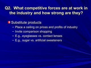 Q2. What competitive forces are at work in
  the industry and how strong are they?

   Substitute products
   –   Place a ceiling on prices and profits of industry
   –   Invite comparison shopping
   –   E.g., eyeglasses vs. contact lenses
   –   E.g., sugar vs. artificial sweeteners
 