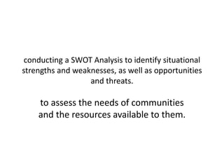 conducting a SWOT Analysis to identify situational
strengths and weaknesses, as well as opportunities
and threats.
to assess the needs of communities
and the resources available to them.
 