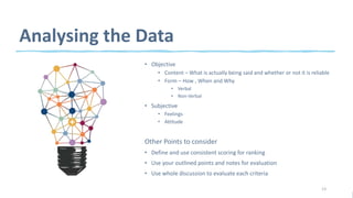 Analysing the Data
• Objective
• Content – What is actually being said and whether or not it is reliable
• Form – How , When and Why
• Verbal
• Non-Verbal
• Subjective
• Feelings
• Attitude
Other Points to consider
• Define and use consistent scoring for ranking
• Use your outlined points and notes for evaluation
• Use whole discussion to evaluate each criteria
13
 