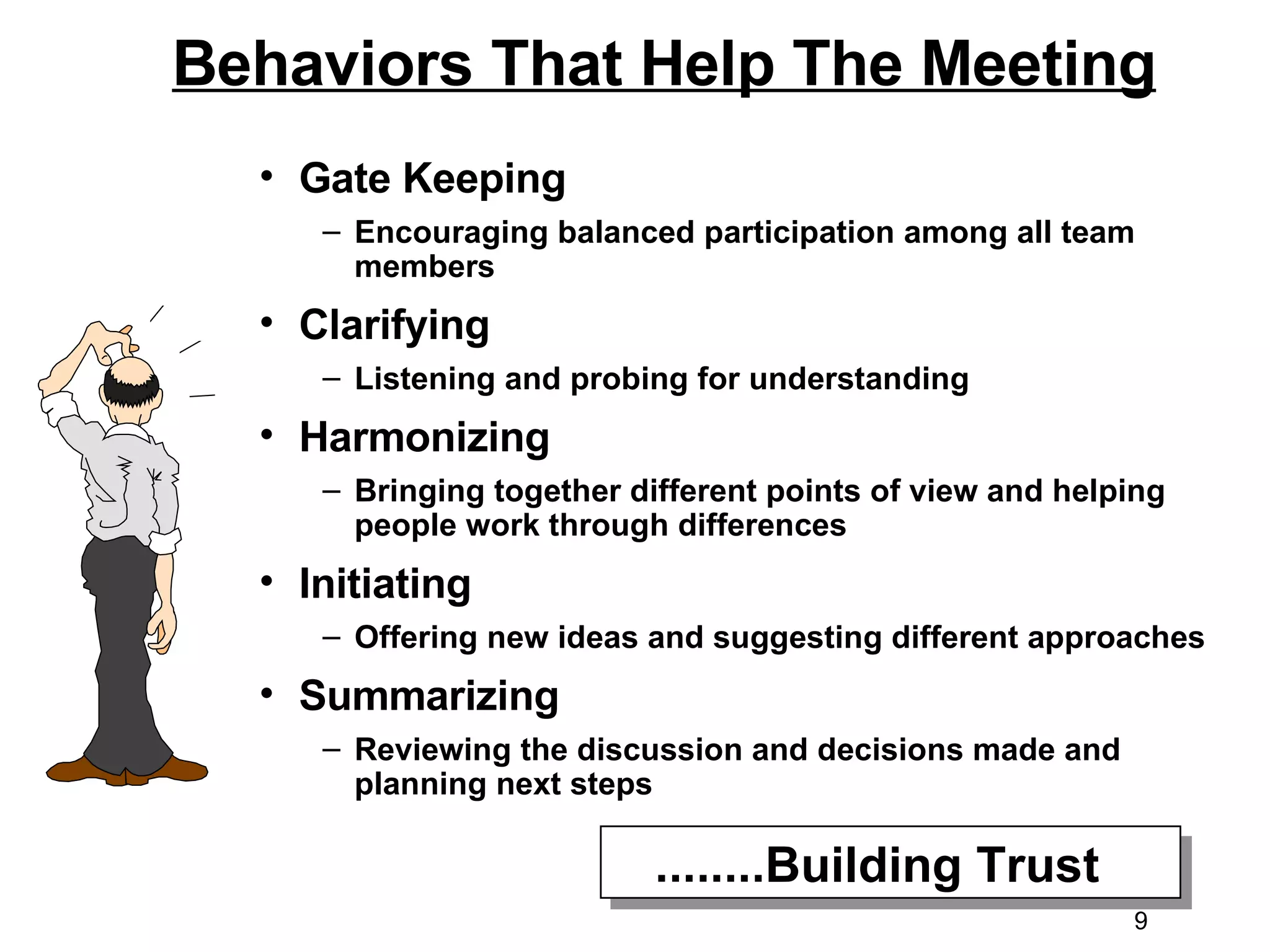 Behaviors That Help The Meeting Gate Keeping Encouraging balanced participation among all team members Clarifying Listening and probing for understanding Harmonizing Bringing together different points of view and helping people work through differences Initiating Offering new ideas and suggesting different approaches Summarizing Reviewing the discussion and decisions made and planning next steps ........Building Trust  