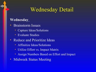 Wednesday Detail Wednesday   Brainstorm Issues Capture Ideas/Solutions Evaluate Studies Reduce and Prioritize Ideas Affinitize Ideas/Solutions Utilize Effort vs. Impact Matrix Assign Numbers Based on Effort and Impact Midweek Status Meeting 