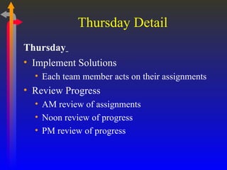 Thursday Detail Thursday   Implement Solutions Each team member acts on their assignments Review Progress AM review of assignments Noon review of progress PM review of progress 