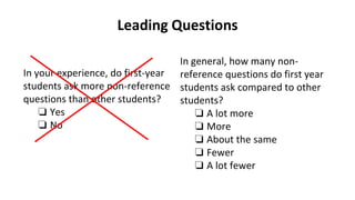 Leading Questions
In general, how many non-
reference questions do first year
students ask compared to other
students?
❏ A lot more
❏ More
❏ About the same
❏ Fewer
❏ A lot fewer
In your experience, do first-year
students ask more non-reference
questions than other students?
❏ Yes
❏ No
 