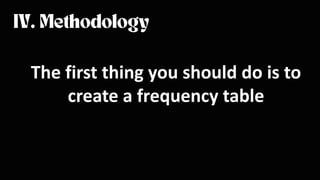 The first thing you should do is to
create a frequency table
 