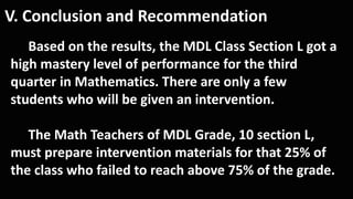 V. Conclusion and Recommendation
Based on the results, the MDL Class Section L got a
high mastery level of performance for the third
quarter in Mathematics. There are only a few
students who will be given an intervention.
The Math Teachers of MDL Grade, 10 section L,
must prepare intervention materials for that 25% of
the class who failed to reach above 75% of the grade.
 