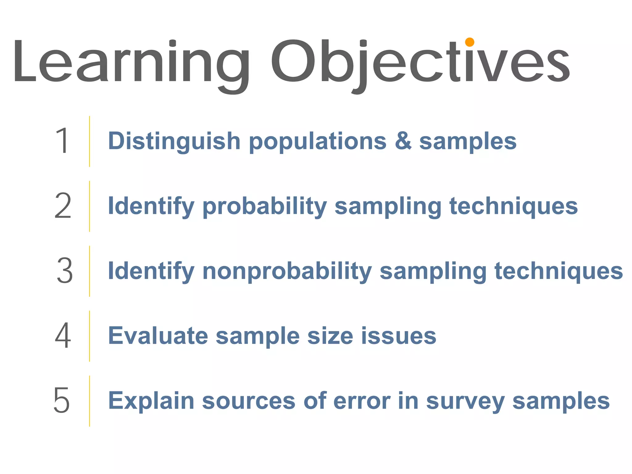 Learning Objectives
 1   Distinguish populations & samples

 2   Identify probability sampling techniques

 3   Identify nonprobability sampling techniques

 4   Evaluate sample size issues

 5   Explain sources of error in survey samples
 