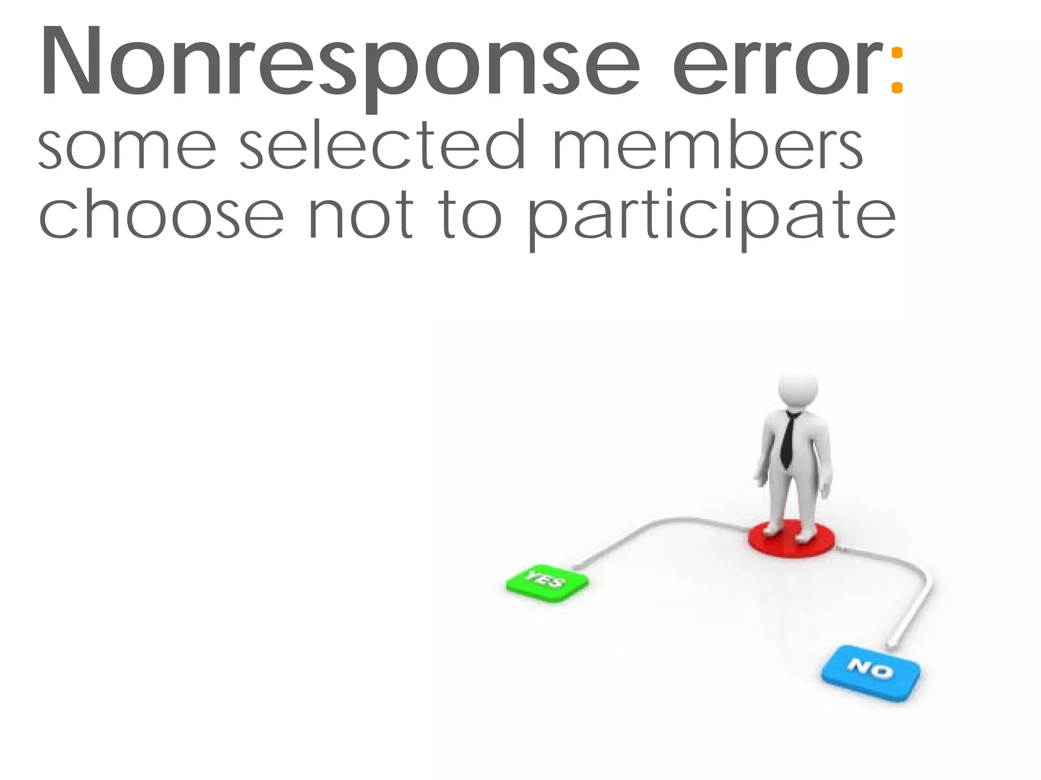 Nonresponse error:
some selected members
choose not to participate
 