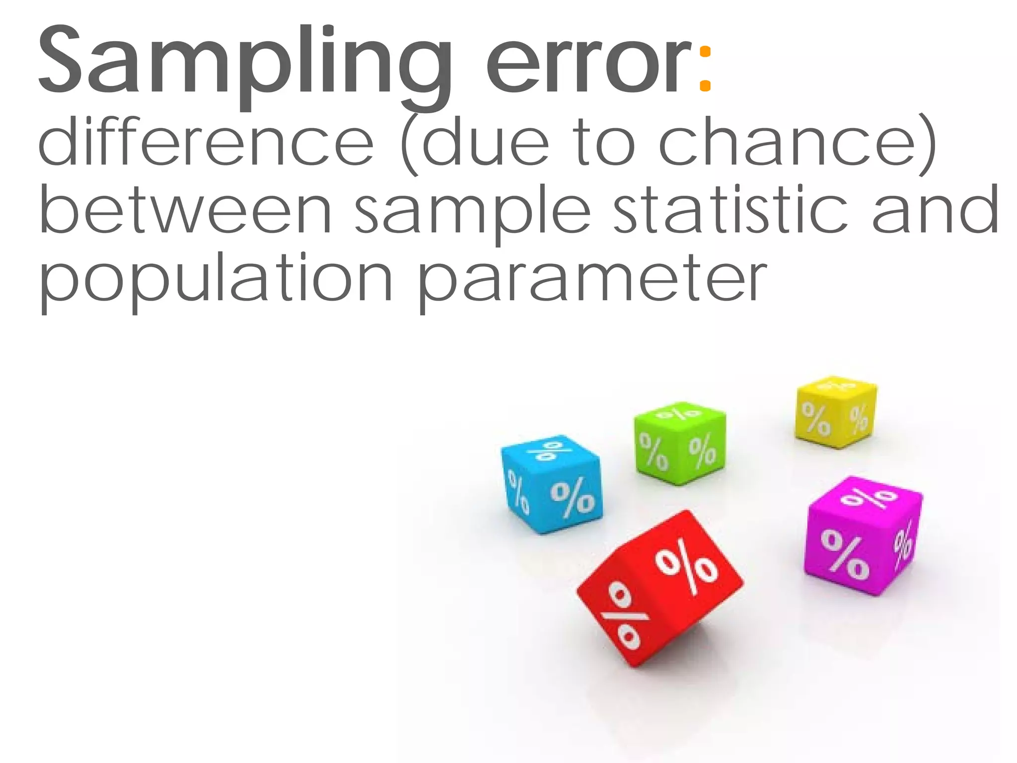 Sampling error:
difference (due to chance)
between sample statistic and
population parameter
 