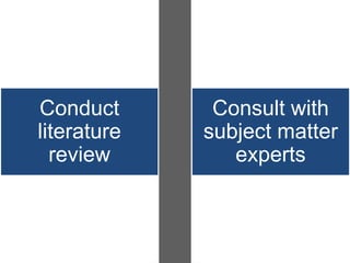 Conduct       Consult with
literature   subject matter
  review        experts
 