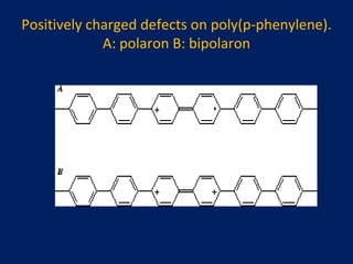 Positively charged defects on poly(p-phenylene). A: polaron B: bipolaron 