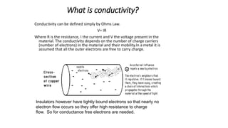 What is conductivity?
Conductivity can be defined simply by Ohms Law.
V= IR
Where R is the resistance, I the current and V the voltage present in the
material. The conductivity depends on the number of charge carriers
(number of electrons) in the material and their mobility.In a metal it is
assumed that all the outer electrons are free to carry charge.
Insulators however have tightly bound electrons so that nearly no
electron flow occurs so they offer high resistance to charge
flow. So for conductance free electrons are needed.
 