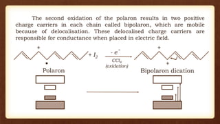 The second oxidation of the polaron results in two positive
charge carriers in each chain called bipolaron, which are mobile
because of delocalisation. These delocalised charge carriers are
responsible for conductance when placed in electric field.
+
•
+
CCl4
(oxidation)
- e -
+ I2
+
Polaron Bipolaron dication
 