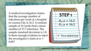 Conducting small sample tests about a population mean | PPTX