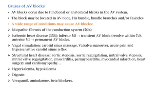 Causes of AV blocks
• AV blocks occur due to functional or anatomical blcoks in the AV system.
• The block may be located in AV node, His bundle, bundle branches and/or fascicles.
• A wide range of conditions may cause AV blocks:
 Idiopathic fibrosis of the conduction system (50%)
 Ischemic heart disease (35%): Inferior MI → transient AV block (resolve within 7d),
anterior MI → permanent AV blocks.
 Vagal stimulation: carotid sinus massage, Valsalva maneuver, acute pain and
hypersensitive carotid sinus reflex.
 Structural heart disease: aortic stenosis, aortic regurgitation, mitral valve stenosis,
mitral valve regurgitation, myocarditis, perimyocarditis, myocardial infarction, heart
surgery and cardiomyopathy…
 Hyperkalemia, hypokalemia
 Digoxin
 Verapamil, amiodarone, beta-blockers.
 