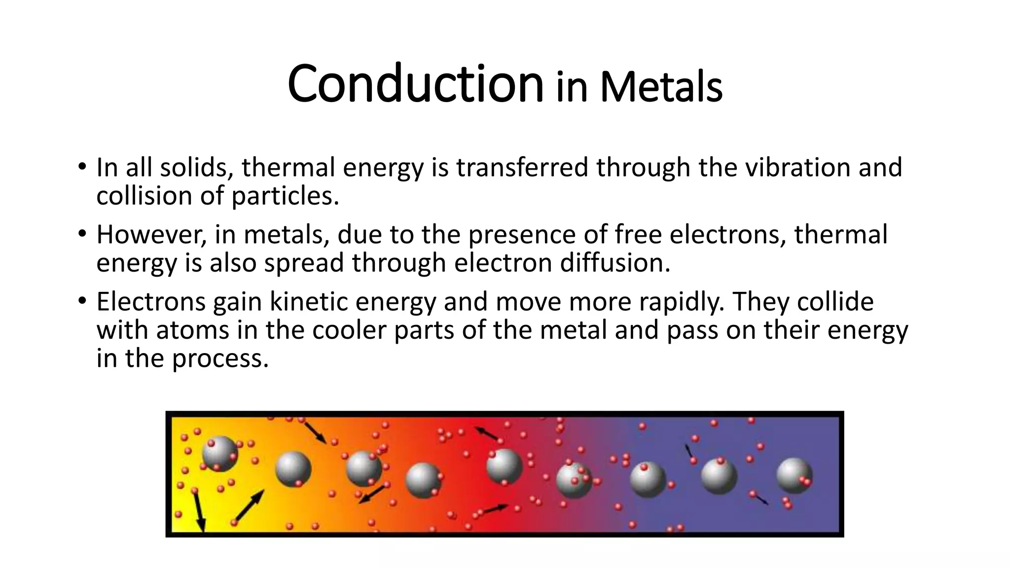 Conduction in Metals
• In all solids, thermal energy is transferred through the vibration and
collision of particles.
• However, in metals, due to the presence of free electrons, thermal
energy is also spread through electron diffusion.
• Electrons gain kinetic energy and move more rapidly. They collide
with atoms in the cooler parts of the metal and pass on their energy
in the process.
 