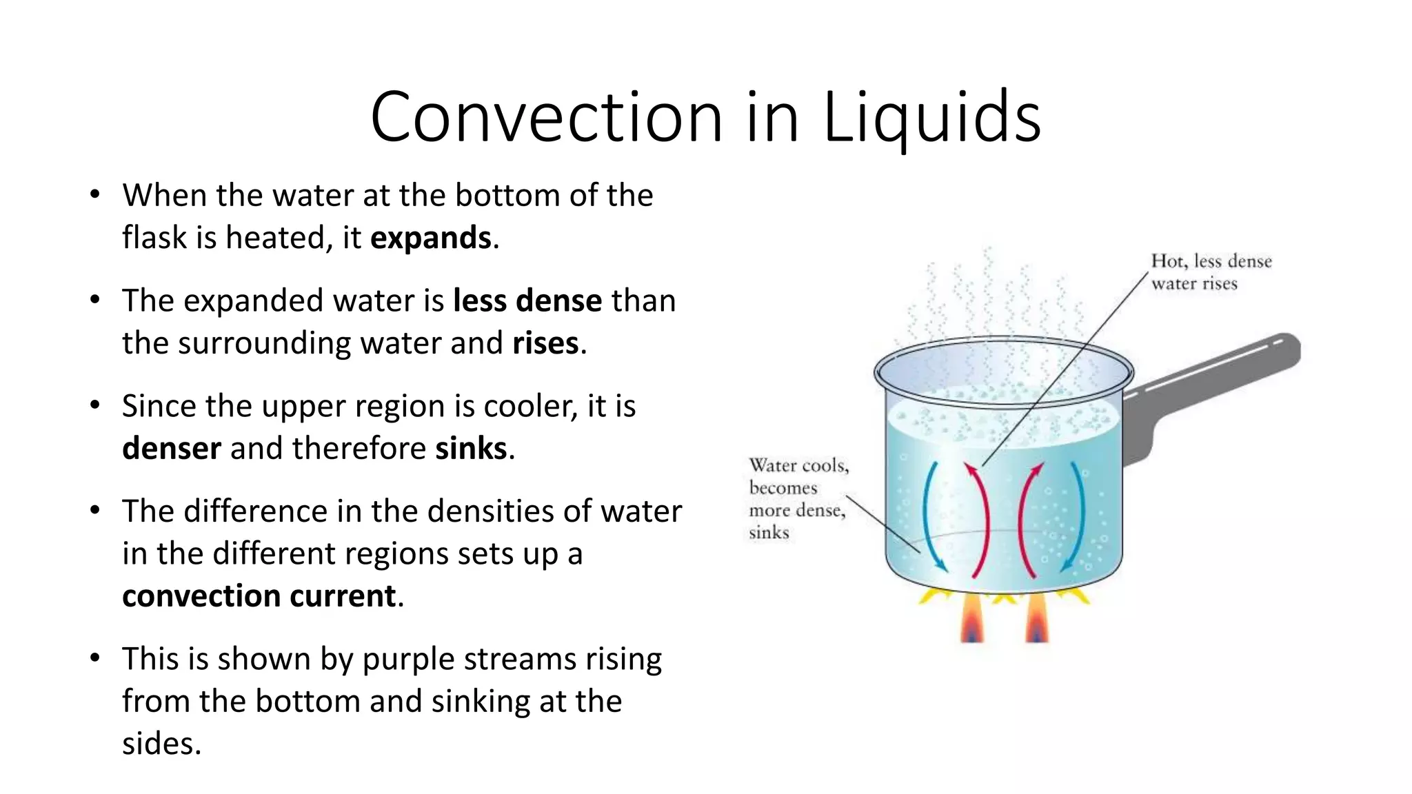 Convection in Liquids
• When the water at the bottom of the
flask is heated, it expands.
• The expanded water is less dense than
the surrounding water and rises.
• Since the upper region is cooler, it is
denser and therefore sinks.
• The difference in the densities of water
in the different regions sets up a
convection current.
• This is shown by purple streams rising
from the bottom and sinking at the
sides.
 
