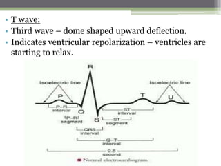 • T wave:
• Third wave – dome shaped upward deflection.
• Indicates ventricular repolarization – ventricles are
starting to relax.
 