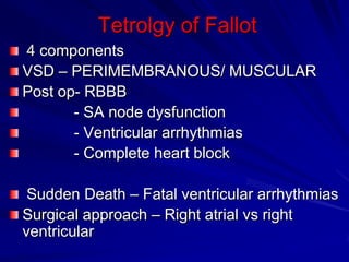 Tetrolgy of Fallot
4 components
VSD – PERIMEMBRANOUS/ MUSCULAR
Post op- RBBB
- SA node dysfunction
- Ventricular arrhythmias
- Complete heart block
Sudden Death – Fatal ventricular arrhythmias
Surgical approach – Right atrial vs right
ventricular

 