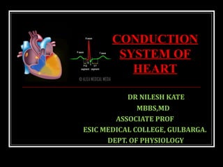 DR NILESH KATE
MBBS,MD
ASSOCIATE PROF
ESIC MEDICAL COLLEGE, GULBARGA.
DEPT. OF PHYSIOLOGY
CONDUCTION
SYSTEM OF
HEART
 