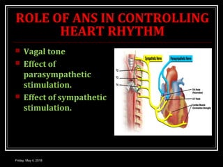 ROLE OF ANS IN CONTROLLING
HEART RHYTHM
 Vagal tone
 Effect of
parasympathetic
stimulation.
 Effect of sympathetic
stimulation.
Friday, May 4, 2018
 