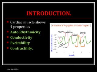 INTRODUCTION.
 Cardiac muscle shows
4 properties
 Auto Rhythmicity
 Conductivity
 Excitability
 Contractility.
Friday, May 4, 2018
 