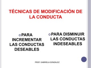 TÉCNICAS DE MODIFICACIÓN DE LA CONDUCTA PARA DISMINUIR LAS CONDUCTAS INDESEABLES PARA INCREMENTAR LAS CONDUCTAS DESEABLES PROF. GABRIELA GONZALEZ 