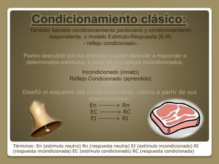 Condicionamiento clásico: 
También llamado condicionamiento pavloviano y condicionamiento 
respondiente, o modelo Estimulo-Respuesta (E-R) 
- reflejo condicionado.- 
Pavlov descubrió que los animales pueden aprender a responder a 
determinados estímulos, a partir de sus reflejos incondicionados. 
Incondicionado (innato) 
Reflejo Condicionado (aprendido) 
Diseñó el esquema del condicionamiento clásico a partir de sus 
observaciones: 
En -------> Rn 
EC -------> RC 
EI -------> RI 
Términos: En (estímulo neutro) Rn (respuesta neutra) EI (estímulo incondicionado) RI 
(respuesta incondicionada) EC (estímulo condicionado) RC (respuesta condicionada) 
 