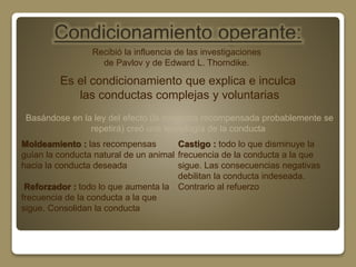 Condicionamiento operante: 
Recibió la influencia de las investigaciones 
de Pavlov y de Edward L. Thorndike. 
Es el condicionamiento que explica e inculca 
las conductas complejas y voluntarias 
Basándose en la ley del efecto (la conducta recompensada probablemente se 
repetirá) creó una tecnología de la conducta 
Moldeamiento : las recompensas 
guían la conducta natural de un animal 
hacia la conducta deseada 
Reforzador : todo lo que aumenta la 
frecuencia de la conducta a la que 
sigue. Consolidan la conducta 
Castigo : todo lo que disminuye la 
frecuencia de la conducta a la que 
sigue. Las consecuencias negativas 
debilitan la conducta indeseada. 
Contrario al refuerzo 
 