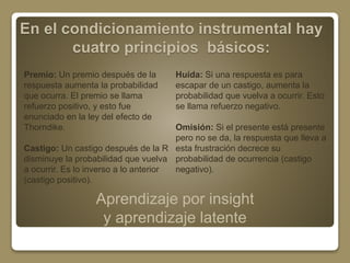 En el condicionamiento instrumental hay 
cuatro principios básicos: 
Premio: Un premio después de la 
respuesta aumenta la probabilidad 
que ocurra. El premio se llama 
refuerzo positivo, y esto fue 
enunciado en la ley del efecto de 
Thorndike. 
Castigo: Un castigo después de la R 
disminuye la probabilidad que vuelva 
a ocurrir. Es lo inverso a lo anterior 
(castigo positivo). 
Huída: Si una respuesta es para 
escapar de un castigo, aumenta la 
probabilidad que vuelva a ocurrir. Esto 
se llama refuerzo negativo. 
Omisión: Si el presente está presente 
pero no se da, la respuesta que lleva a 
esta frustración decrece su 
probabilidad de ocurrencia (castigo 
negativo). 
Aprendizaje por insight 
y aprendizaje latente 
 