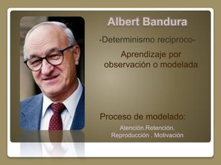 Albert Bandura 
-Determinismo reciproco- 
Aprendizaje por 
observación o modelada 
Proceso de modelado: 
Atención.Retención. 
Reproducción . Motivación 
 