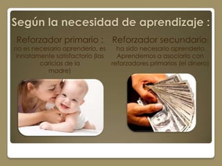 Según la necesidad de aprendizaje :
Reforzador primario :            Reforzador secundario:
no es necesario aprenderlo, es    ha sido necesario aprenderlo.
 innatamente satisfactorio (las   Aprendemos a asociarlo con
        caricias de la          reforzadores primarios (el dinero)
           madre)
 