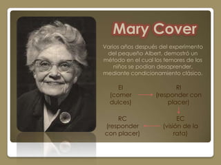 Mary Cover
Varios años después del experimento
 del pequeño Albert, demostró un
método en el cual los temores de los
    niños se podían desaprender,
mediante condicionamiento clásico.

     EI                   RI
  (comer           (responder con
  dulces)              placer)

    RC                     EC
(responder           (visión de la
con placer)               rata)
 