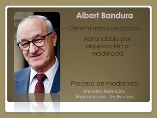 Albert Bandura
-Determinismo reciproco-
     Aprendizaje por
      observación o
       modelada



 Proceso de modelado:
     Atención.Retención.
  Reproducción . Motivación
 