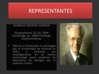 REPRESENTANTES

    BURRHUS FREDERIC SKINNER

    (Susquehanna, EE UU, 1904-
   Cambridge, id., 1990) Psicólogo
         estadounidense.

 Obtuvo el doctorado en psicología
  por la Universidad de Harvard en
  1931,       y     continuó    sus
  investigaciones en la misma
  universidad como asistente de
  laboratorio de biología con el
  profesor Crozier.
 