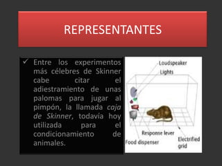 REPRESENTANTES

 Entre los experimentos
  más célebres de Skinner
  cabe       citar      el
  adiestramiento de unas
  palomas para jugar al
  pimpón, la llamada caja
  de Skinner, todavía hoy
  utilizada    para     el
  condicionamiento     de
  animales.
 