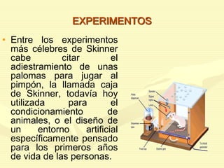 EXPERIMENTOS
• Entre los experimentos
más célebres de Skinner
cabe citar el
adiestramiento de unas
palomas para jugar al
pimpón, la llamada caja
de Skinner, todavía hoy
utilizada para el
condicionamiento de
animales, o el diseño de
un entorno artificial
específicamente pensado
para los primeros años
de vida de las personas.
 