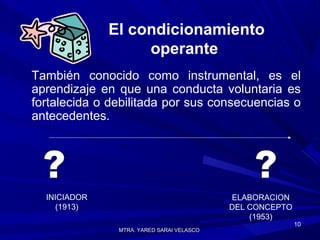 MTRA. YARED SARAI VELASCOMTRA. YARED SARAI VELASCO
10
El condicionamiento
operante
También conocido como instrumental, es el
aprendizaje en que una conducta voluntaria es
fortalecida o debilitada por sus consecuencias o
antecedentes.
INICIADOR
(1913)
ELABORACION
DEL CONCEPTO
(1953)
 