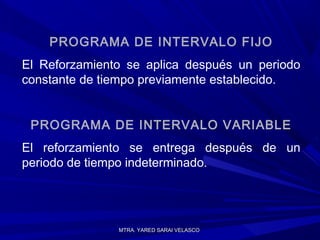 MTRA. YARED SARAI VELASCOMTRA. YARED SARAI VELASCO
PROGRAMA DE INTERVALO FIJO
El Reforzamiento se aplica después un periodo
constante de tiempo previamente establecido.
PROGRAMA DE INTERVALO VARIABLE
El reforzamiento se entrega después de un
periodo de tiempo indeterminado.
 