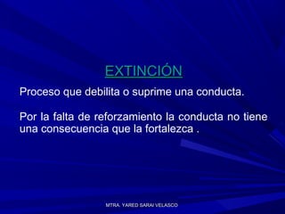 MTRA. YARED SARAI VELASCOMTRA. YARED SARAI VELASCO
EXTINCIÓNEXTINCIÓN
Proceso que debilita o suprime una conducta.
Por la falta de reforzamiento la conducta no tiene
una consecuencia que la fortalezca .
 