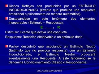 MTRA. YARED SARAI VELASCOMTRA. YARED SARAI VELASCO
Dichos Reflejos son producidos por unDichos Reflejos son producidos por un ESTÍMULOESTÍMULO
INCONDICIONADOINCONDICIONADO (Evento que produce una respuesta(Evento que produce una respuesta
emocional o psicomotora de manera automática).emocional o psicomotora de manera automática).
Destacándose en este fenómeno dos elementosDestacándose en este fenómeno dos elementos
inseparables (Estímulo – Respuesta):inseparables (Estímulo – Respuesta):
E RE R
EstímuloEstímulo: Evento que activa una conducta.: Evento que activa una conducta.
RespuestaRespuesta: Reacción observable a un estímulo dado.: Reacción observable a un estímulo dado.
Pavlov descubrió que asociando unPavlov descubrió que asociando un Estímulo NeutroEstímulo Neutro
(Estímulo que no provoca respuesta) con un Estímulo(Estímulo que no provoca respuesta) con un Estímulo
Incondicionado, el Estímulo Neutro provocaráIncondicionado, el Estímulo Neutro provocará
eventualmente una Respuesta. A este fenómeno se leeventualmente una Respuesta. A este fenómeno se le
denominadenomina Condicionamiento Clásico o Respondiente.Condicionamiento Clásico o Respondiente.
 