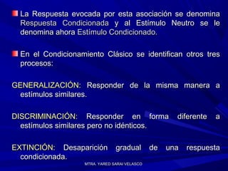 MTRA. YARED SARAI VELASCOMTRA. YARED SARAI VELASCO
La Respuesta evocada por esta asociación se denominaLa Respuesta evocada por esta asociación se denomina
Respuesta CondicionadaRespuesta Condicionada y al Estímulo Neutro se ley al Estímulo Neutro se le
denomina ahoradenomina ahora Estímulo Condicionado.Estímulo Condicionado.
En el Condicionamiento Clásico se identifican otros tresEn el Condicionamiento Clásico se identifican otros tres
procesos:procesos:
GENERALIZACIÓN:GENERALIZACIÓN: Responder de la misma manera aResponder de la misma manera a
estímulos similares.estímulos similares.
DISCRIMINACIÓN:DISCRIMINACIÓN: Responder en forma diferente aResponder en forma diferente a
estímulos similares pero no idénticos.estímulos similares pero no idénticos.
EXTINCIÓN:EXTINCIÓN: Desaparición gradual de una respuestaDesaparición gradual de una respuesta
condicionada.condicionada.
 
