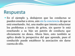 Respuesta
 En el ejemplo 3, dedujeron que las conductas se
 pueden enseñar a otros, aún sin la conciencia de que se
 está enseñando. Así, una madre que intenta solucionar
 los problemas a través de gritos, sin querer le está
 enseñando a su hijo un patrón de conducta que
 obviamente no desea. Ahora bien, esto también se
 aplica desde la perspectiva del que aprende, pues el
 conducido puede establecer la asociación sin darse
 cuenta de ello.
 